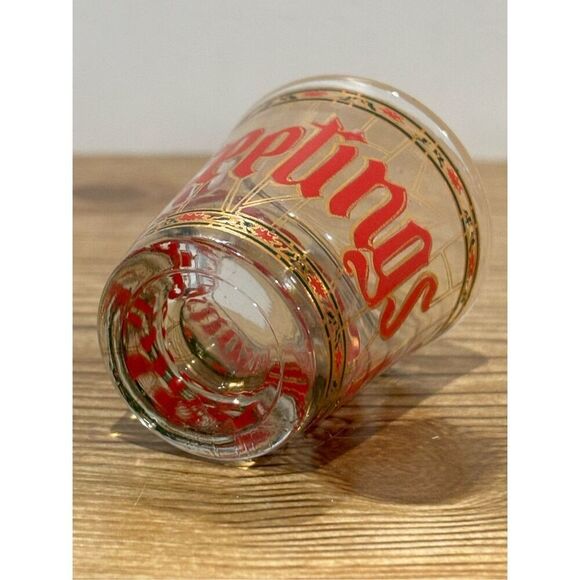 Seasons Greetings Stained Glass Christmas Shot Glass -Holly/Poinsettias/Gold Rim - Picture 2 of 6